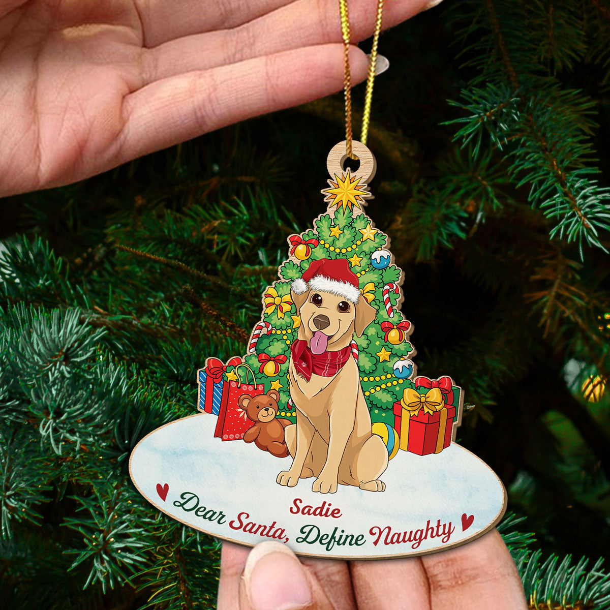 Customizable Personalized Naughty Dog Wood Christmas Ornament