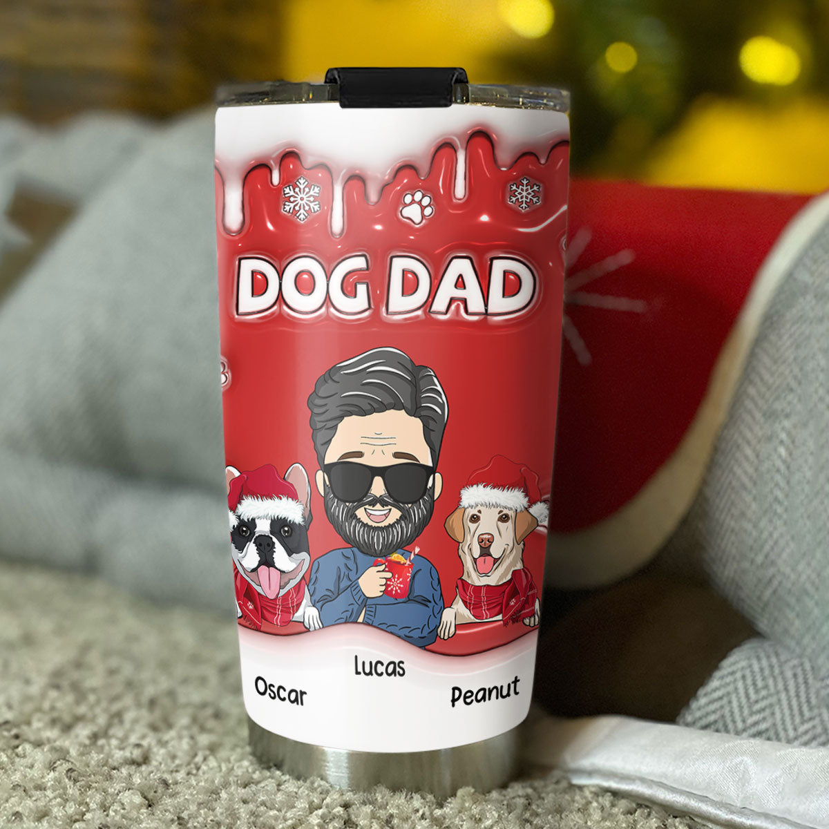 Christmas Dad Of Dogs - Personalized Custom 3D Inflated Effect 20oz Stainless Steel Tumbler with Long-lasting Temperature Insulation