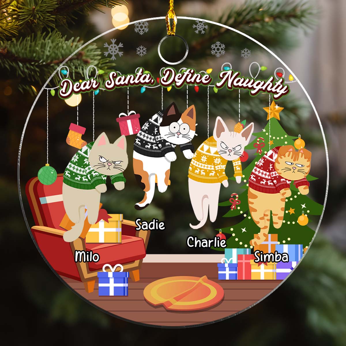 Feliz Naughty Cats - Exquisitely Personalized Custom Acrylic Christmas Ornament