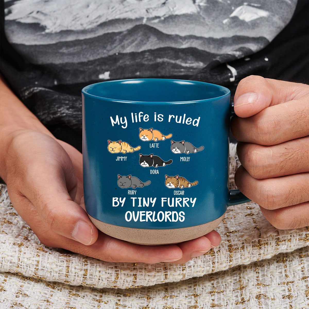 Ver Cat Personalized Custom Ceramic 11oz Ruled By Tiny Furry Overlords Pottery Mug in Dark Blue or White