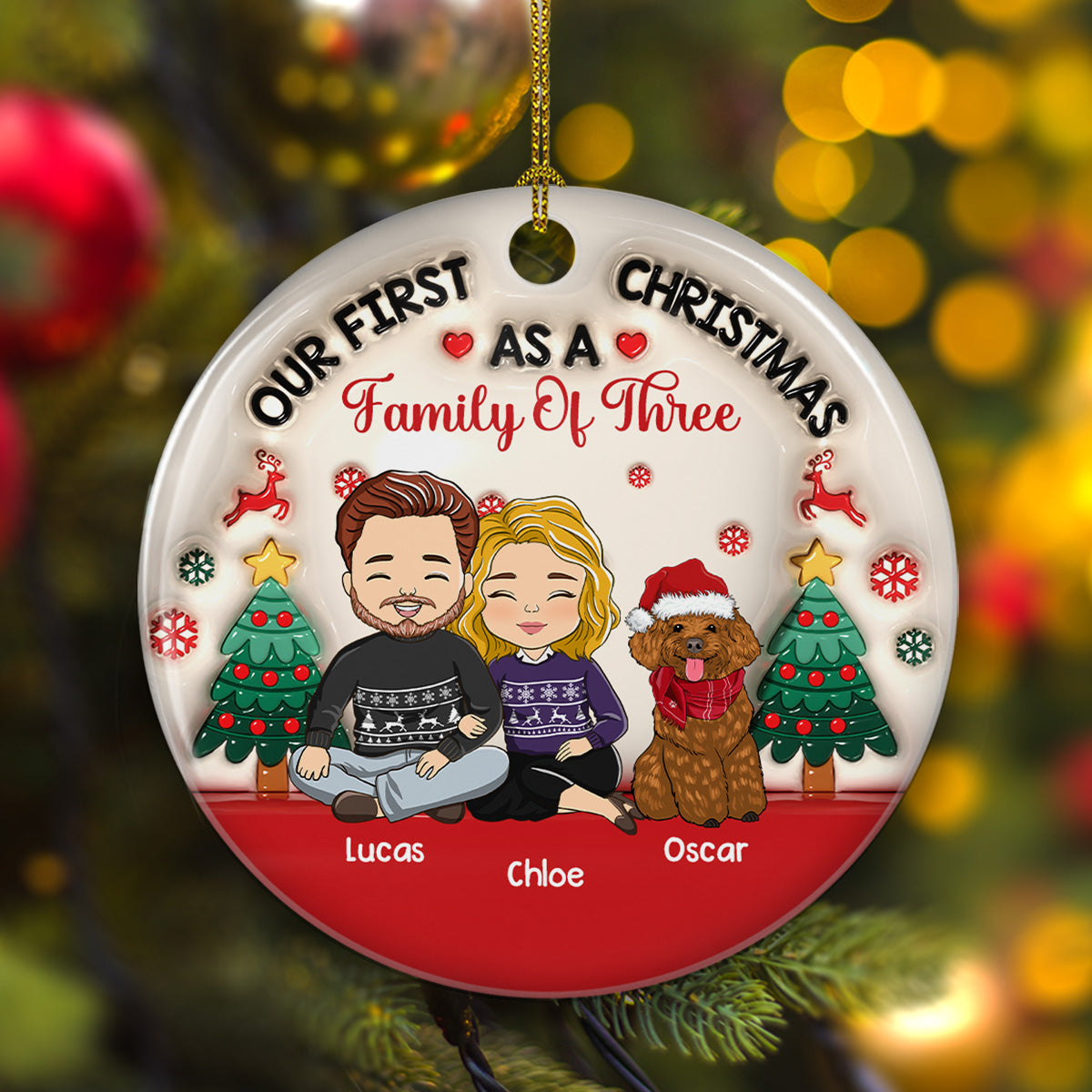 First Christmas As A Family Of Three - Exclusive Personalized Custom 3D Inflated Effect Premium White Ceramic Christmas Ornament