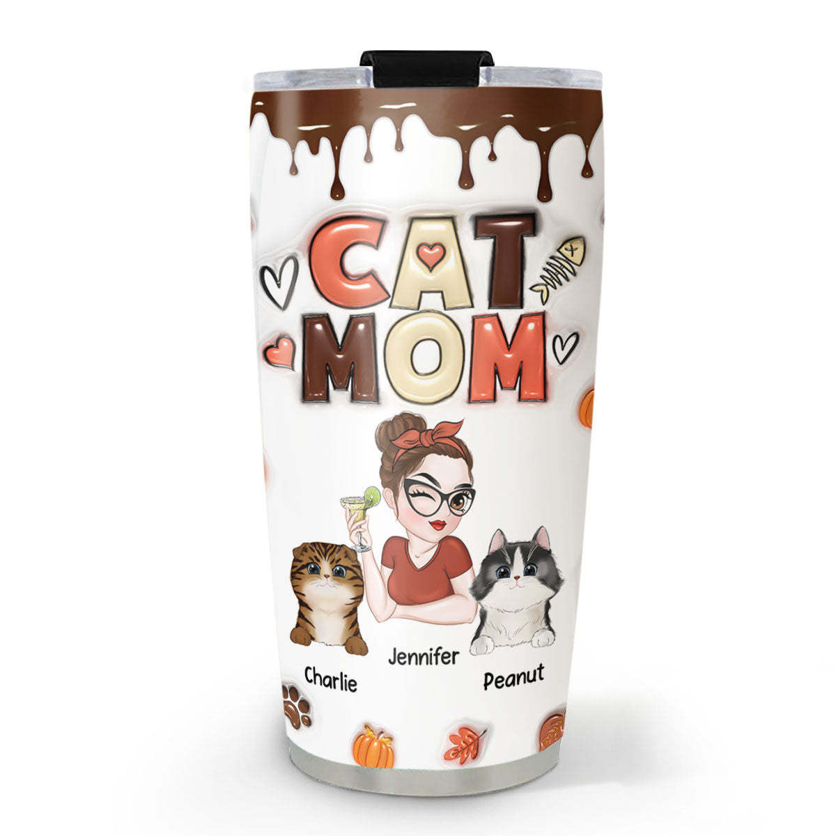 Fall Season Personalized Custom 3D Inflated Effect Mom Of Cats Tumbler - 20oz High - Quality Stainless Steel