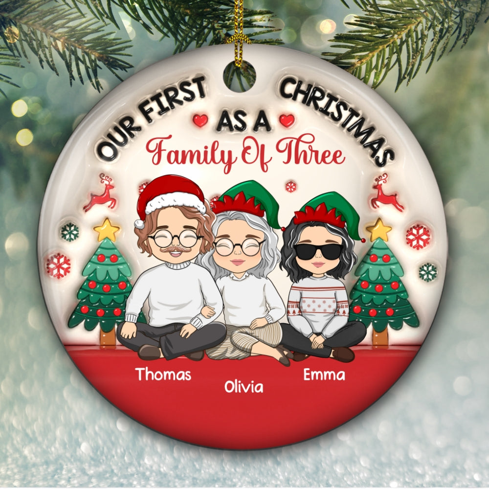 First Christmas As A Family Of Three - Exclusive Personalized Custom 3D Inflated Effect Premium White Ceramic Christmas Ornament