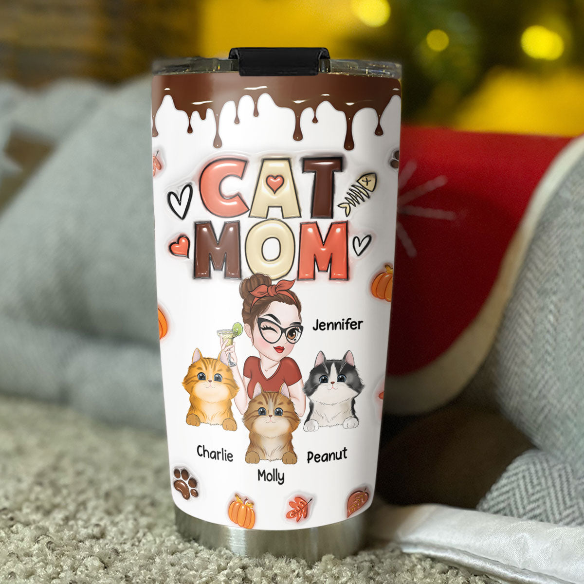 Fall Season Personalized Custom 3D Inflated Effect Mom Of Cats Tumbler - 20oz High - Quality Stainless Steel