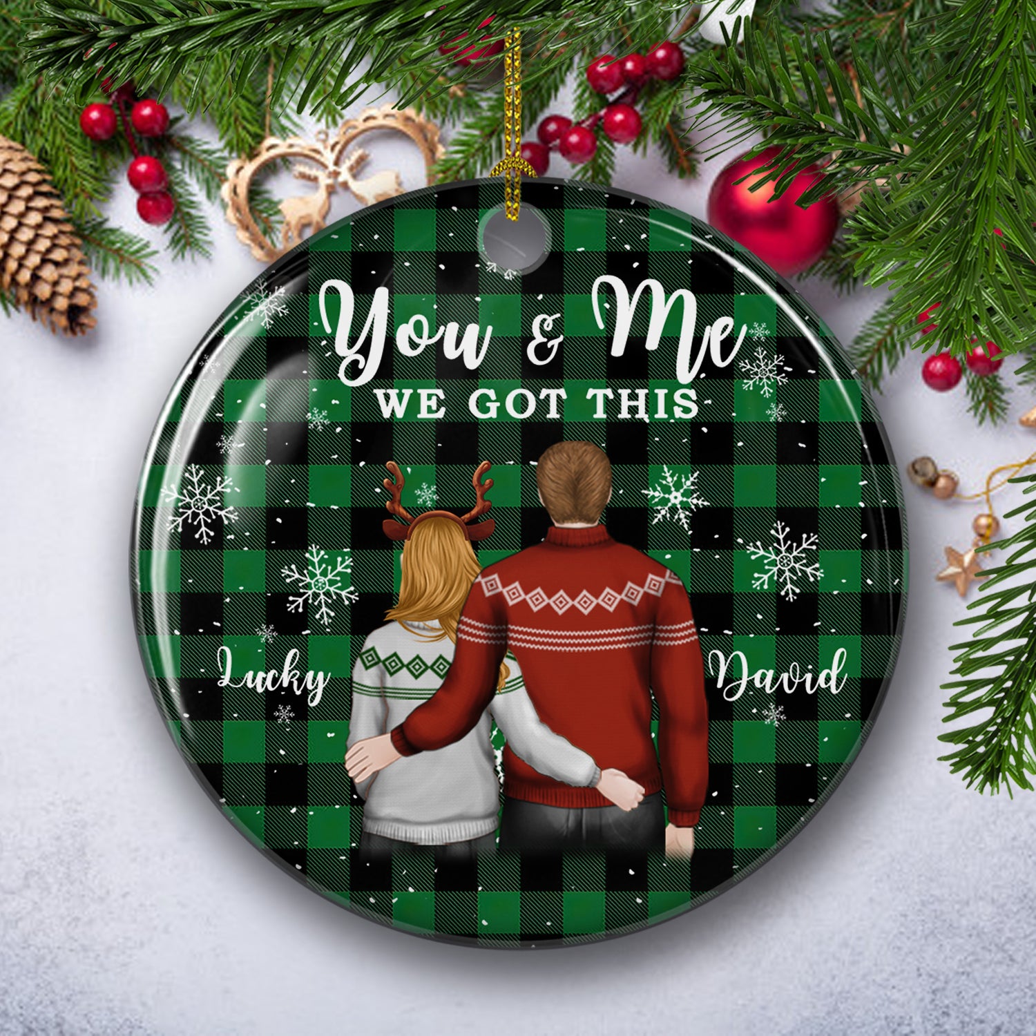 You And Me 2 - Exquisitely Personalized Custom Circle Ceramic Christmas Ornament with Gloss Finish