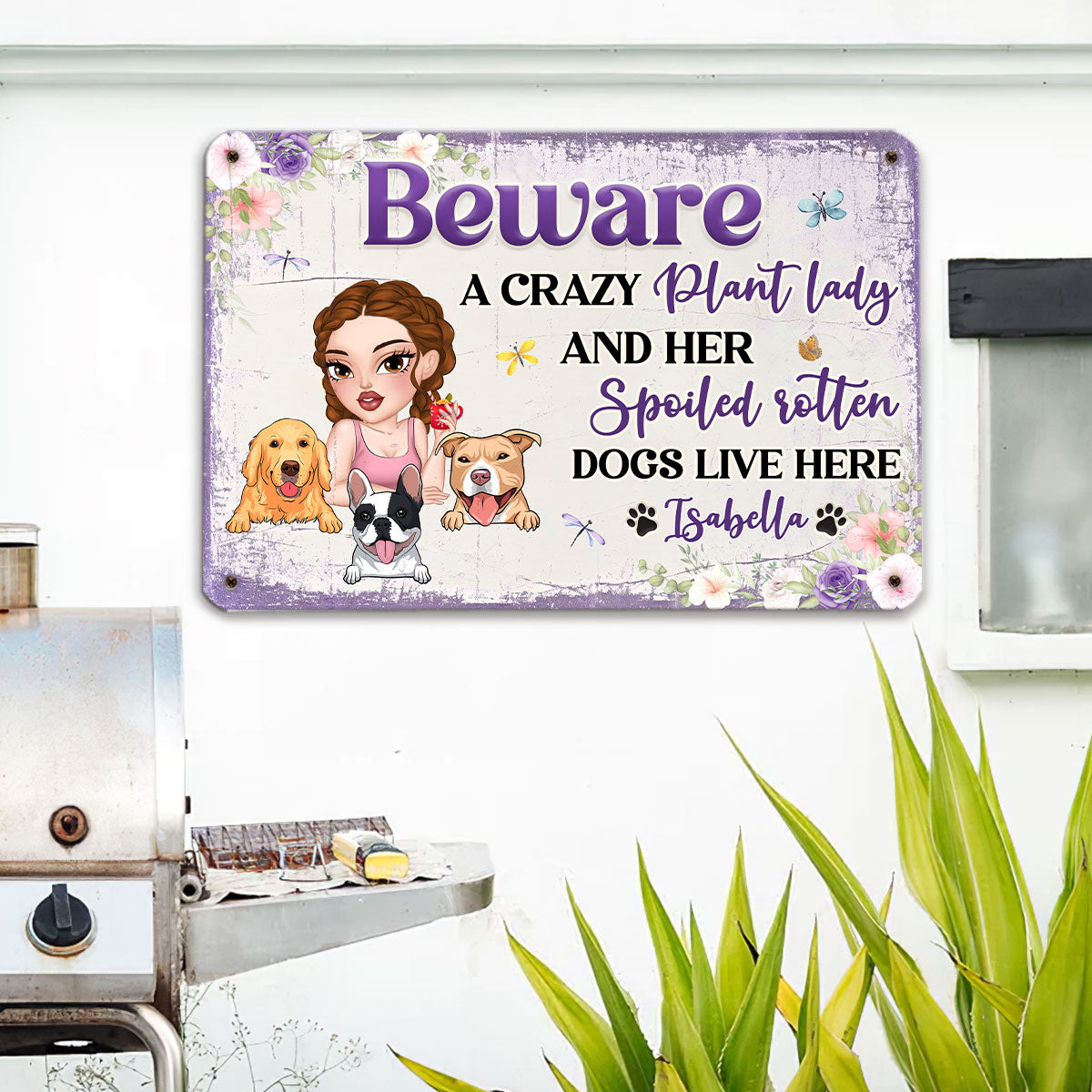 Unique Personalized Custom Metal Sign - Beware A Plant Lady And Her Dogs