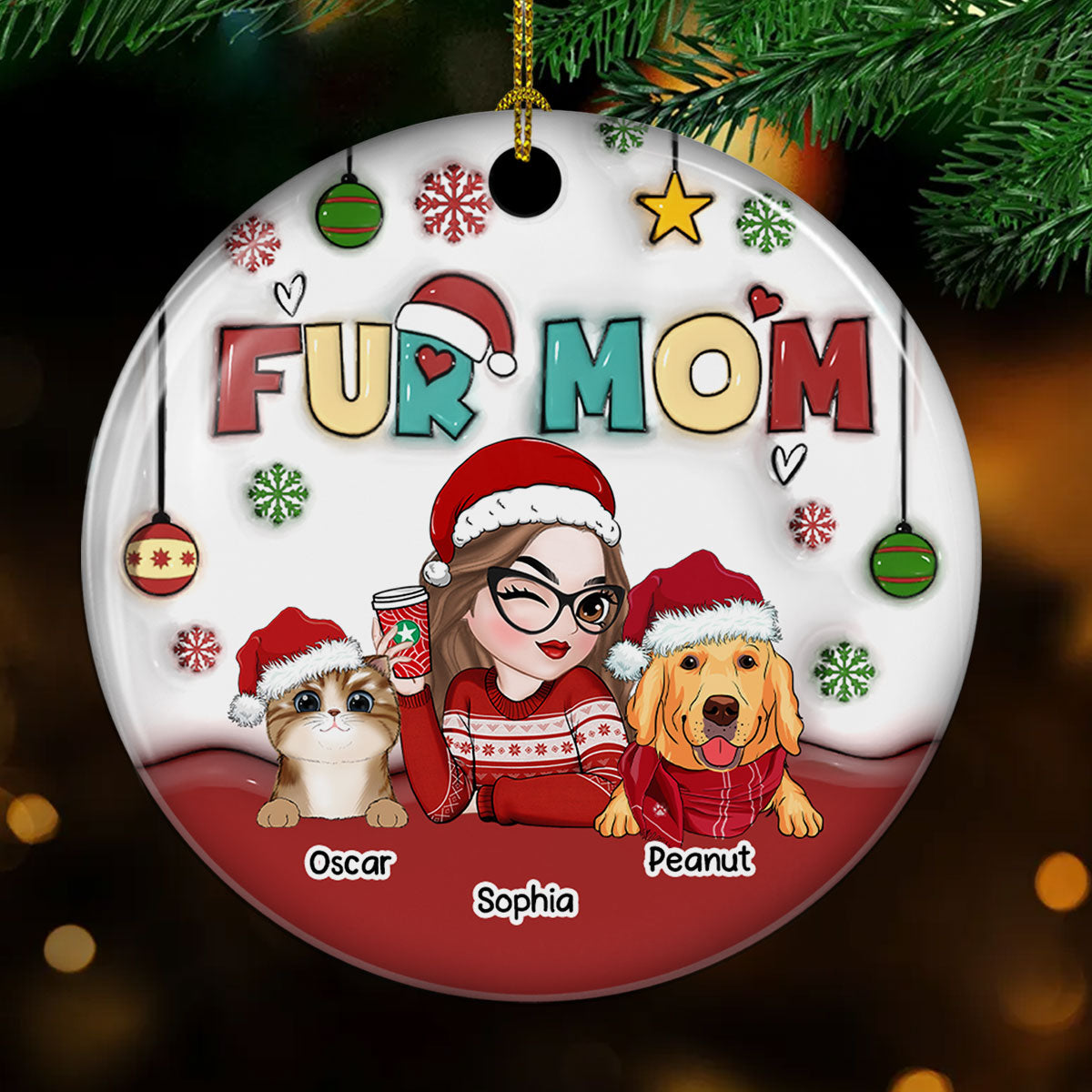 Mom Of Pets - Exquisite Personalized Custom 3D Inflated Effect Premium White Ceramic Christmas Ornament