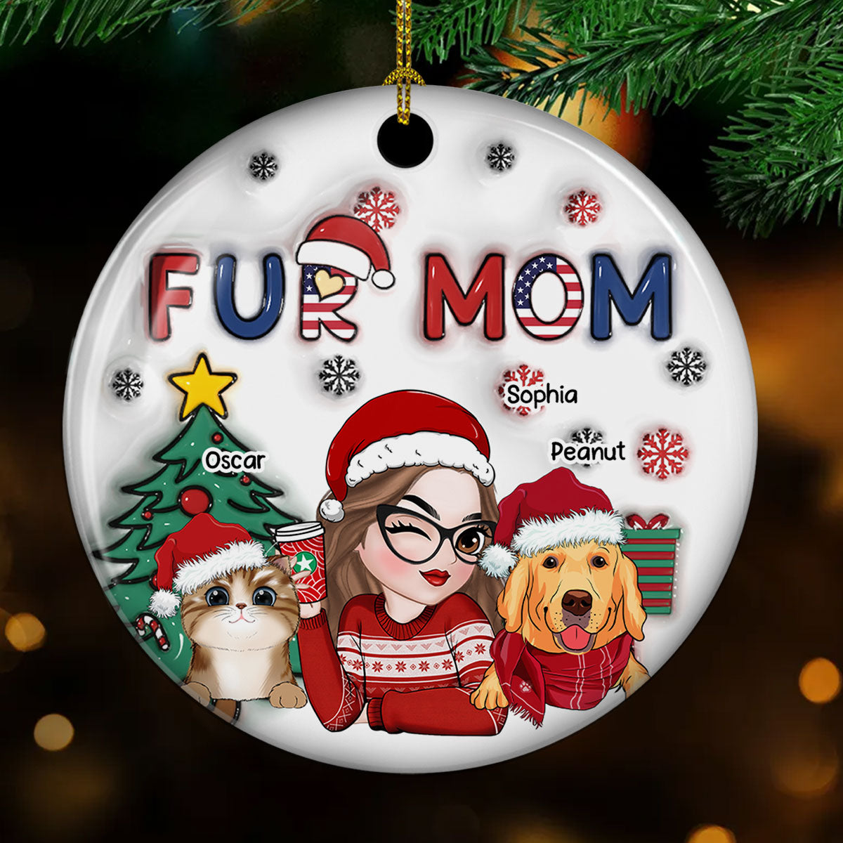 Customizable American Fur Mom Christmas 3D Inflated Effect Personalized Ceramic Ornament