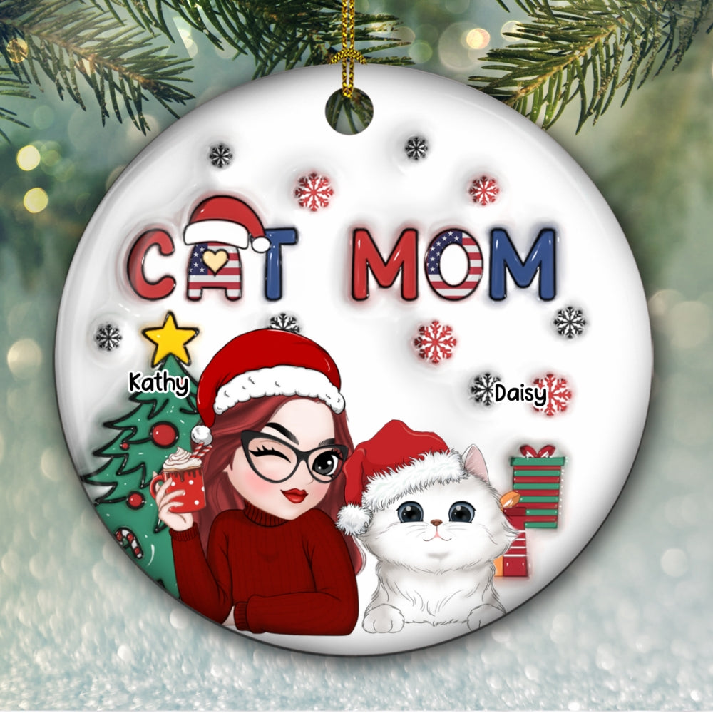 Unique American Cat Mom Christmas - Personalized Custom 3D Inflated Effect White Ceramic Ornament