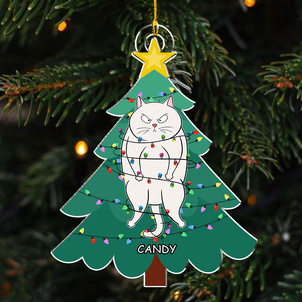 Unique Personalized Custom Acrylic Ornament - Cat Stuck In Tree for Christmas