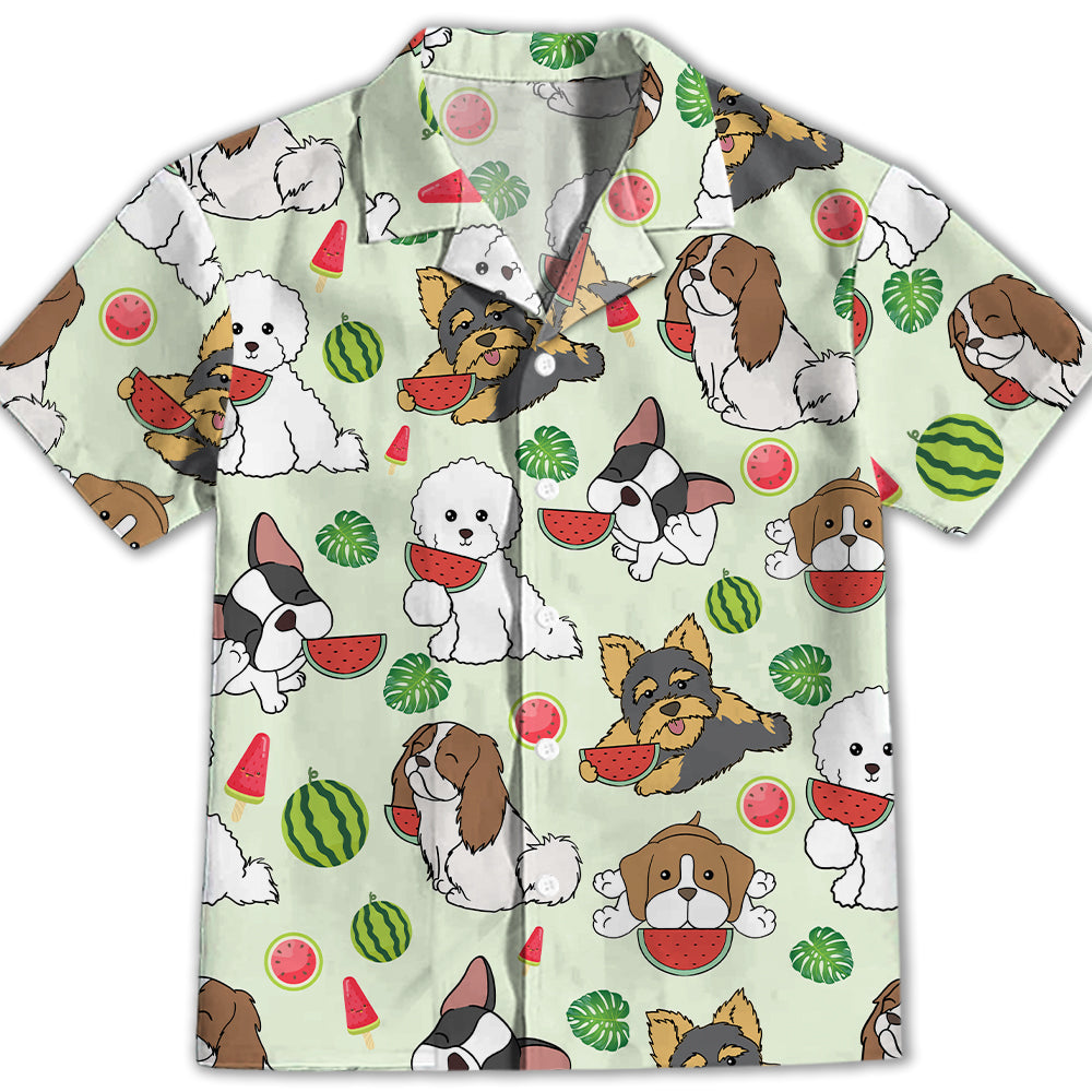 Adorable Dog Eats Watermelon Green Kids' Button - up Shirt