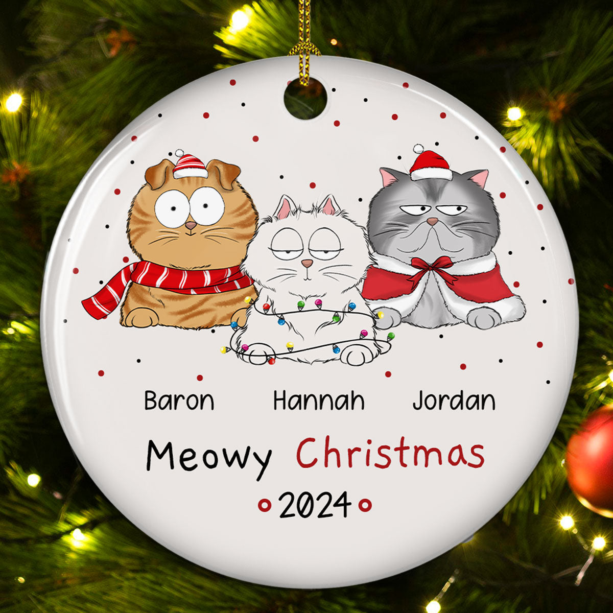 Meowy Christmas - Personalized Custom Circle Ceramic Christmas Ornament with Premium White Color and 3' Diameter