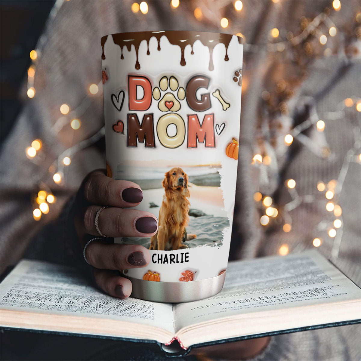 Personalized Custom 3D Inflated Effect Tumbler - Mom Of Dogs Fall Season Photo, 20oz High - Quality Stainless Steel Tumbler