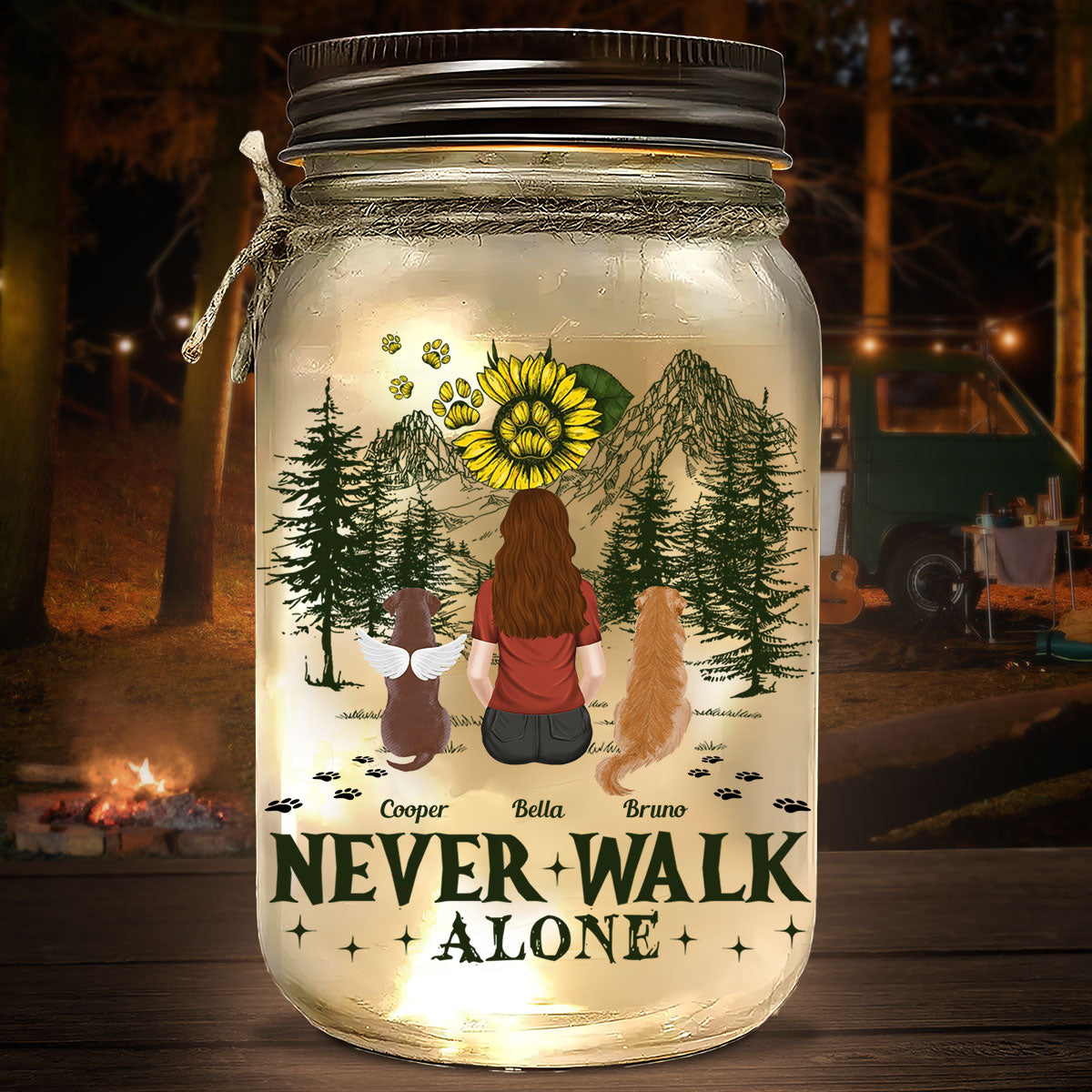 My Dogs Walk With Me - Customizable Personalized 16oz Mason Jar Light for Pet Lovers