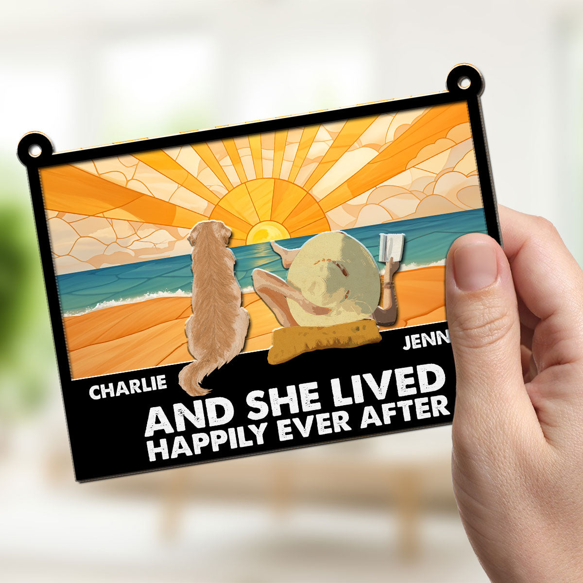 Happily Ever After - Personalized Custom Acrylic Plexiglass Suncatcher with Natural Wood Front in 6 - 8 Inches