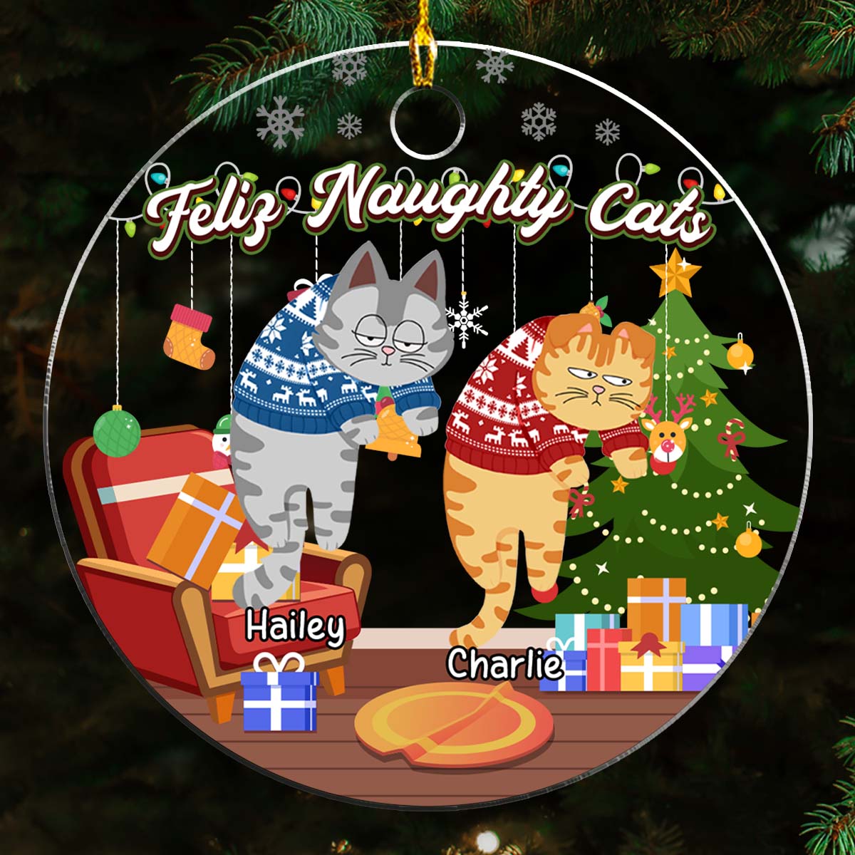 Feliz Naughty Cats - Exquisitely Personalized Custom Acrylic Christmas Ornament