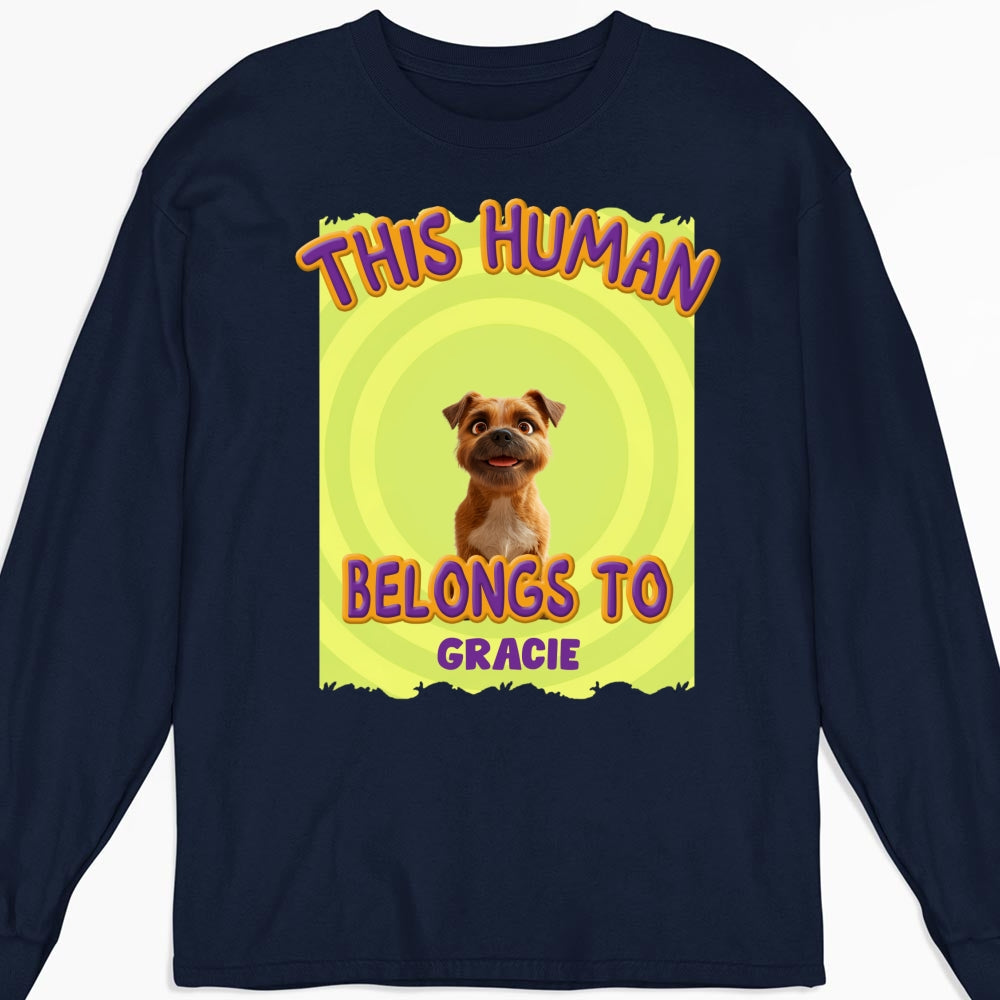 Personalized Custom 'This Human Belongs To Our Pet' Cartoon Long Sleeve Unisex T-shirt