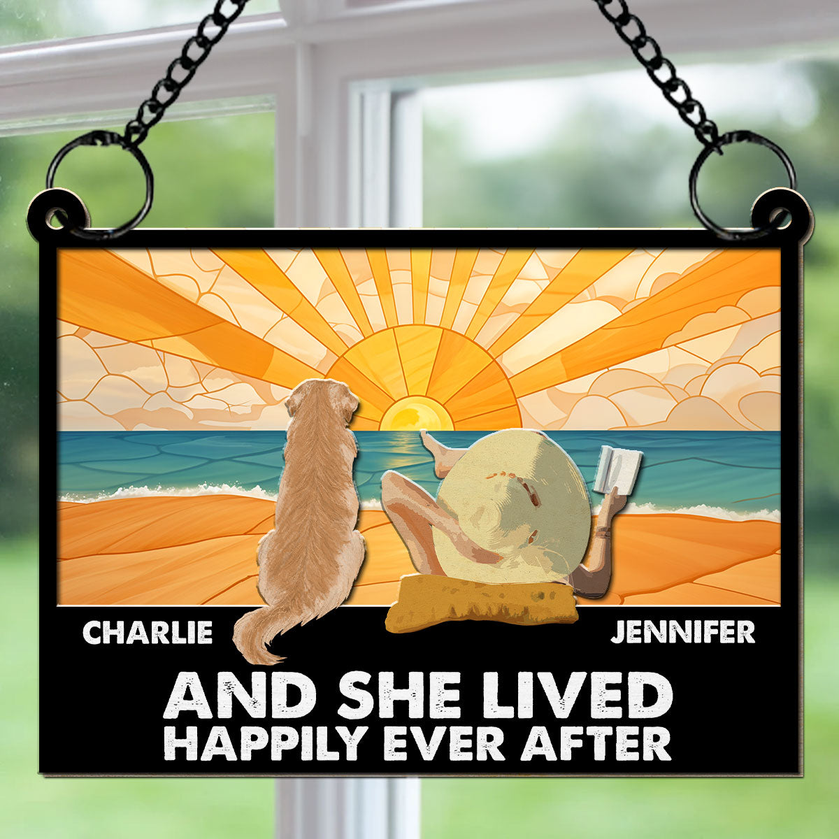 Happily Ever After - Personalized Custom Acrylic Plexiglass Suncatcher with Natural Wood Front in 6 - 8 Inches