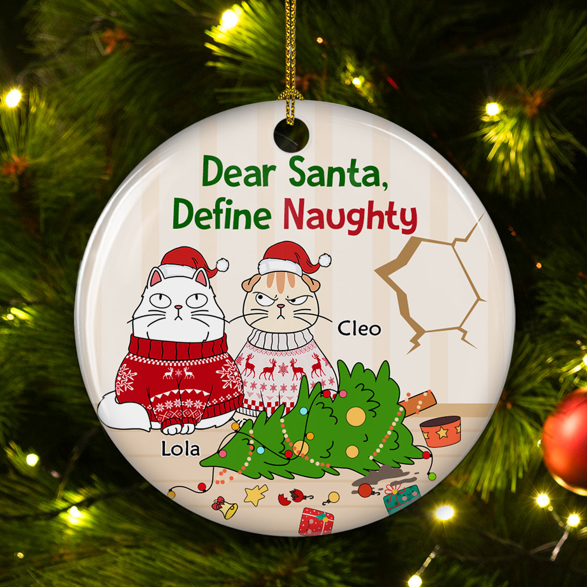 Santa Define Naughty Cats - Customizable Personalized Premium White Ceramic Christmas Ornament (3' Diameter)