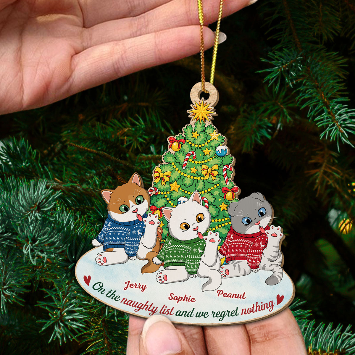 Adorable Naughty Cat Licking - Customizable 1 - Layered Personalized Wood Christmas Ornament