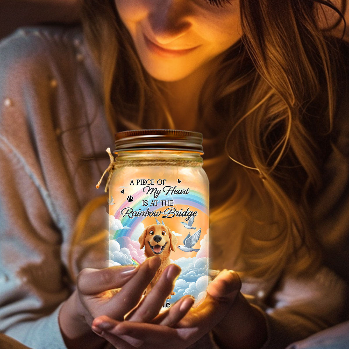 A Piece Of My Heart Is At The Rainbow Bridge - Personalized 16oz Custom Mason Jar Light with Warm Starlights