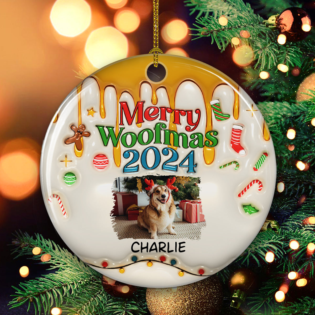 Happy Woofmas Personalized Custom 3D Inflated Effect Premium White Ceramic Christmas Ornament - 3' Diameter