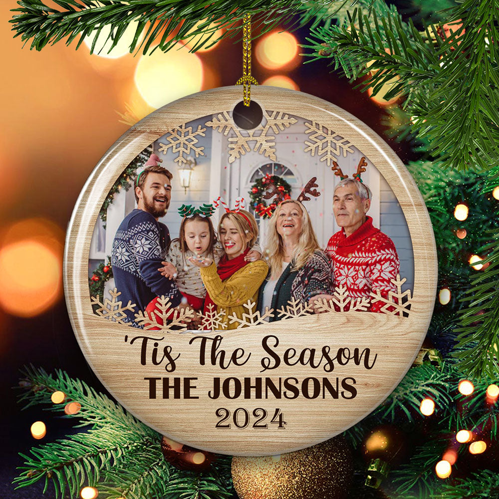 Family, Tis The Season - Customizable Personalized Premium White Ceramic Circle Holiday Ornament