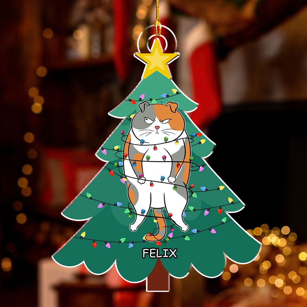 Unique Personalized Custom Acrylic Ornament - Cat Stuck In Tree for Christmas