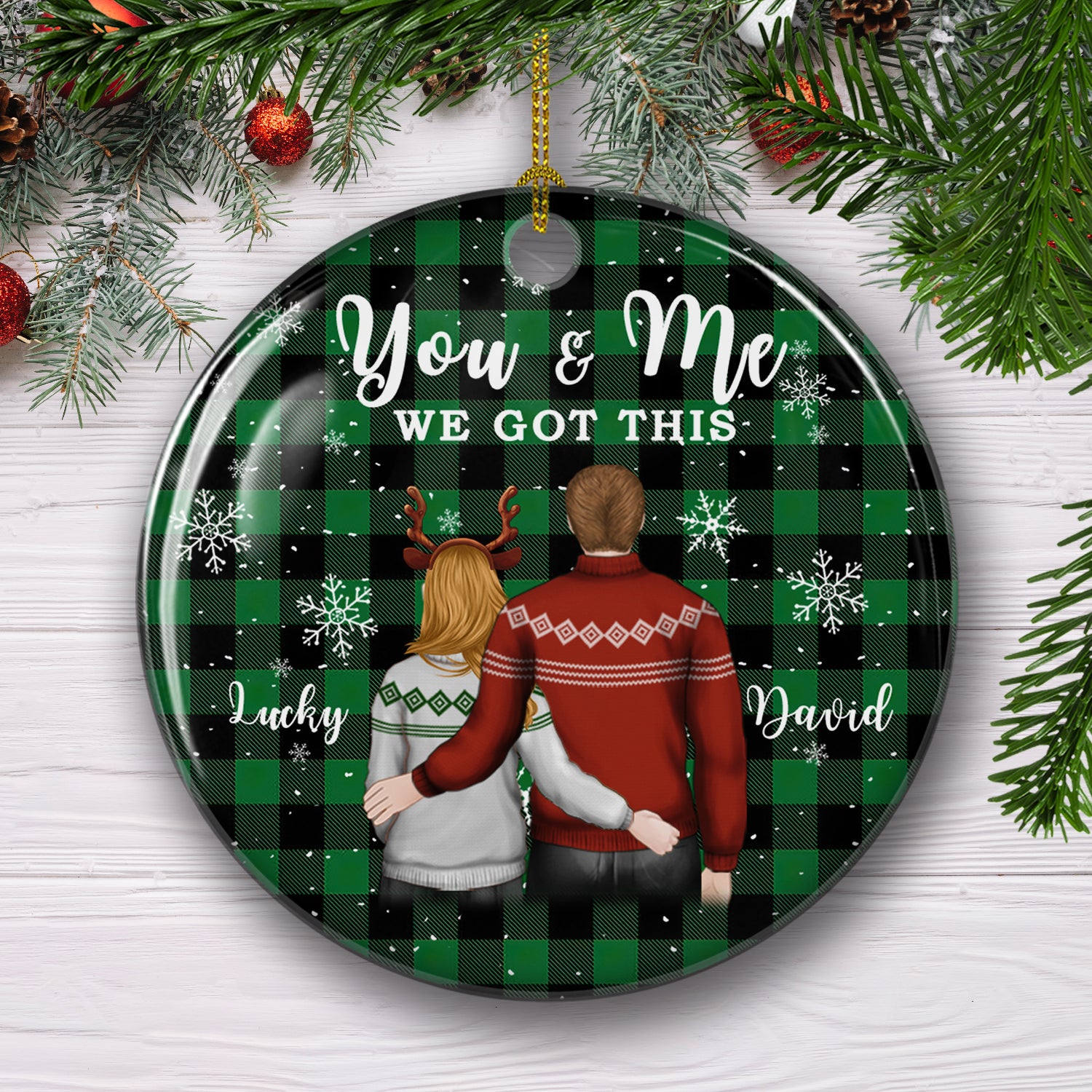 You And Me 2 - Exquisitely Personalized Custom Circle Ceramic Christmas Ornament with Gloss Finish