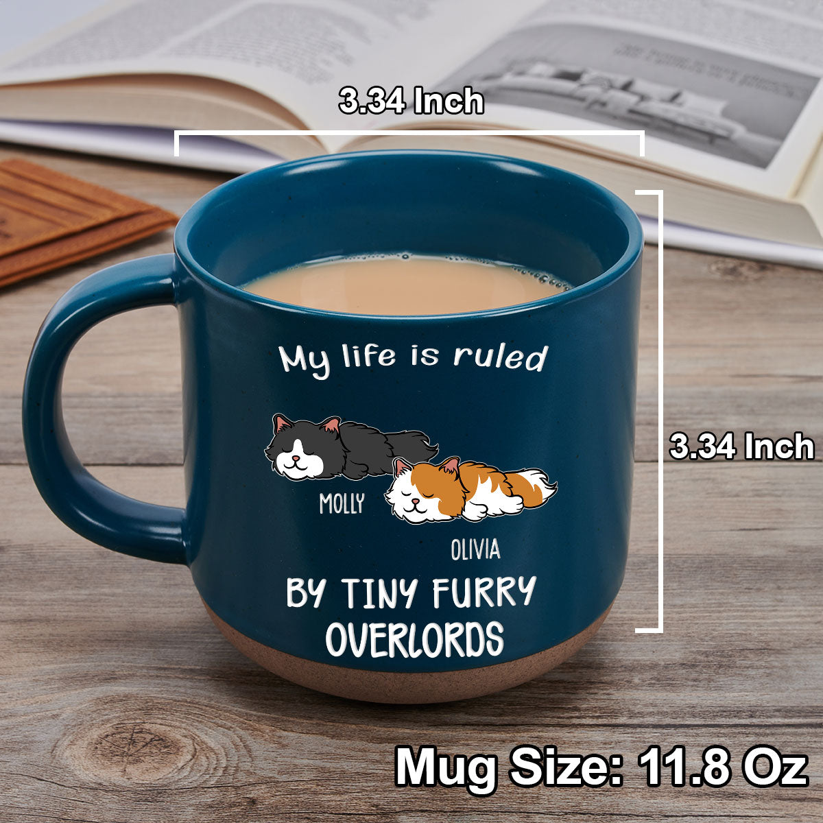 Ver Cat Personalized Custom Ceramic 11oz Ruled By Tiny Furry Overlords Pottery Mug in Dark Blue or White