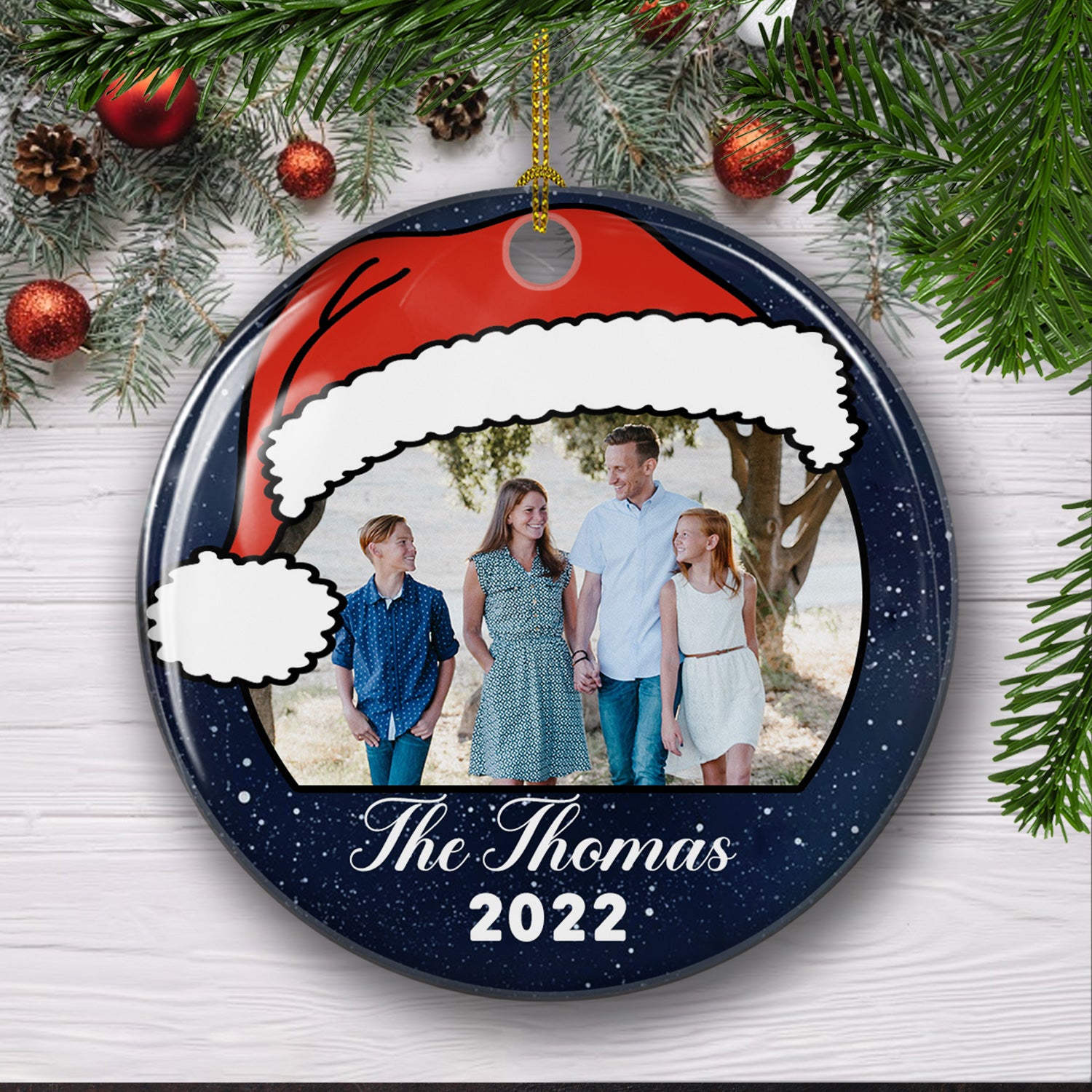 Family Christmas Hat - Exquisitely Personalized Custom Photo Circle Ceramic Ornament for Festive Holidays