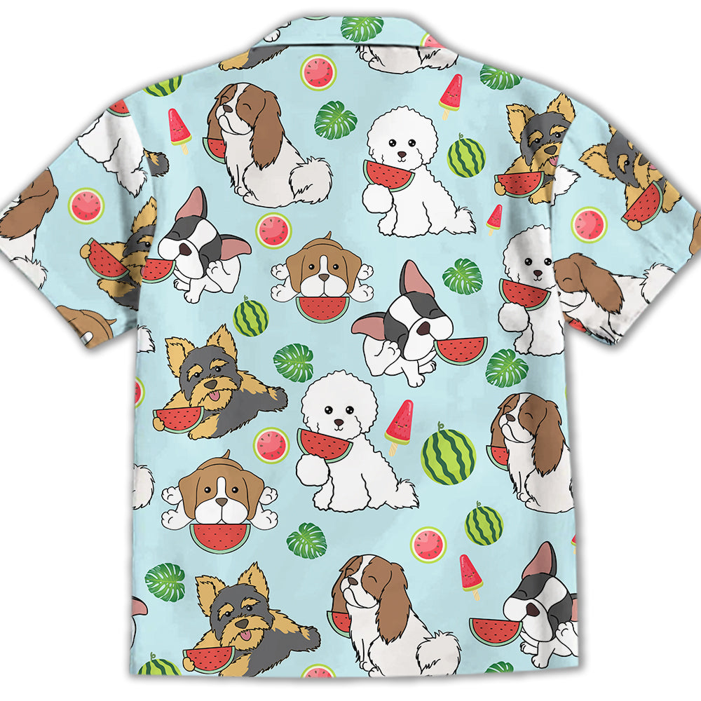Adorable Dog Eats Watermelon Blue Kids' Button - up Shirt