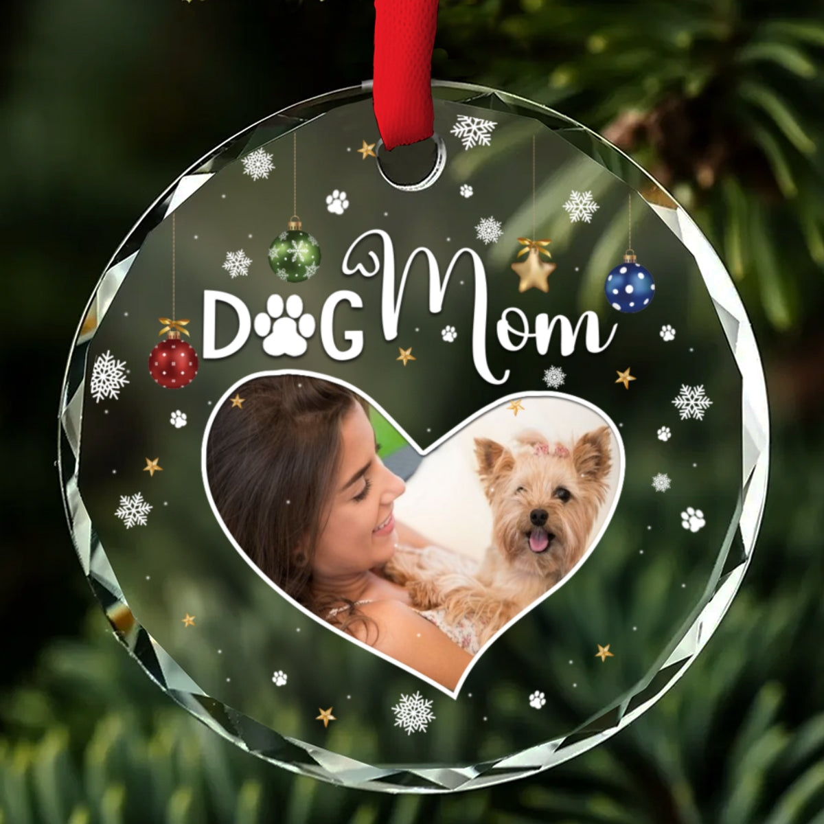 Customizable Dog Mom Photo Personalized 8mm Thick 3.07-inch Tall Glass Ornament