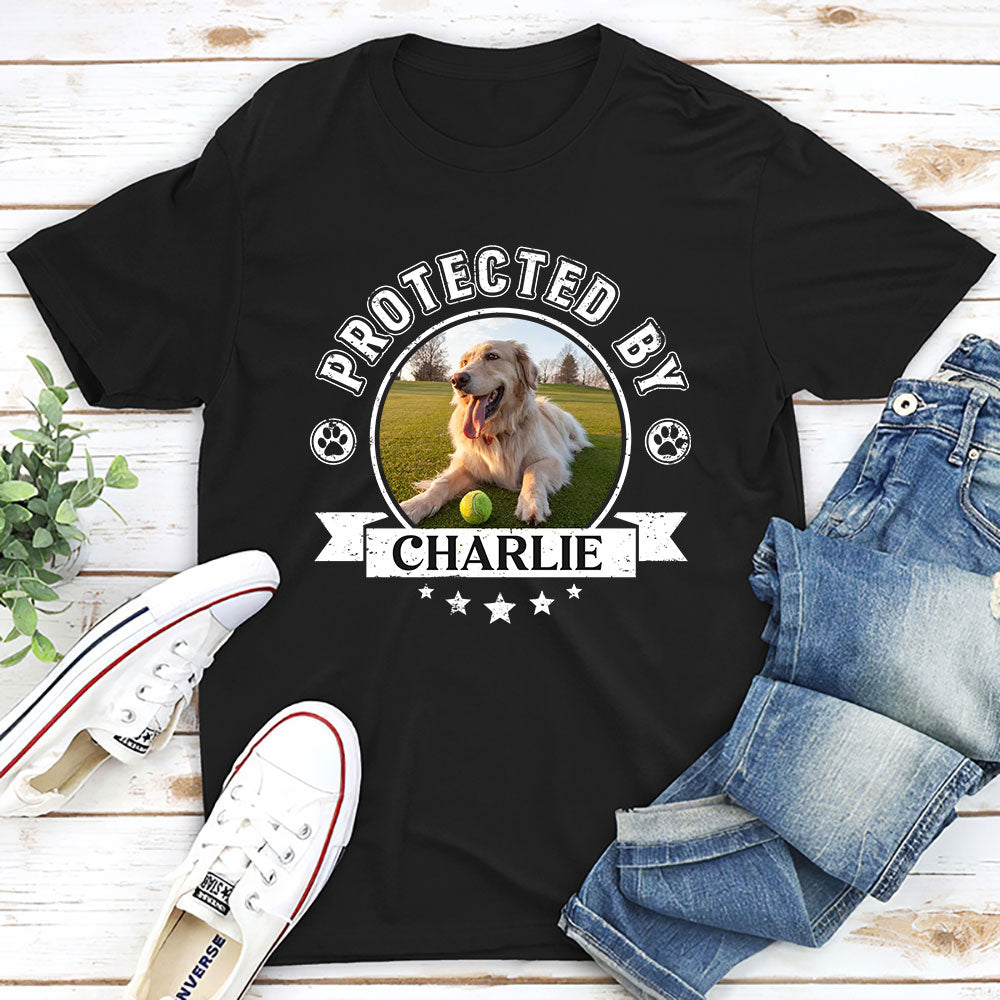 Protected By Human Dog Photo - Personalized Custom Unisex 5.3 oz T-Shirt for Pet Lovers