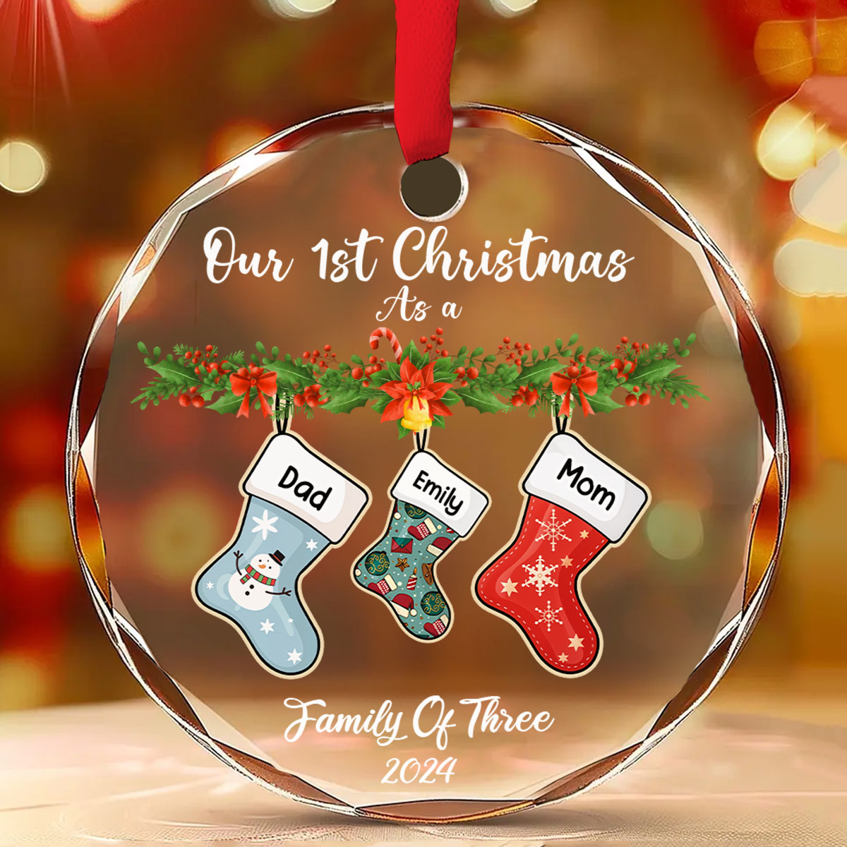 Personalized Custom Family Stocking Glass Ornament - 8mm Thick, 3.07 Inches Tall