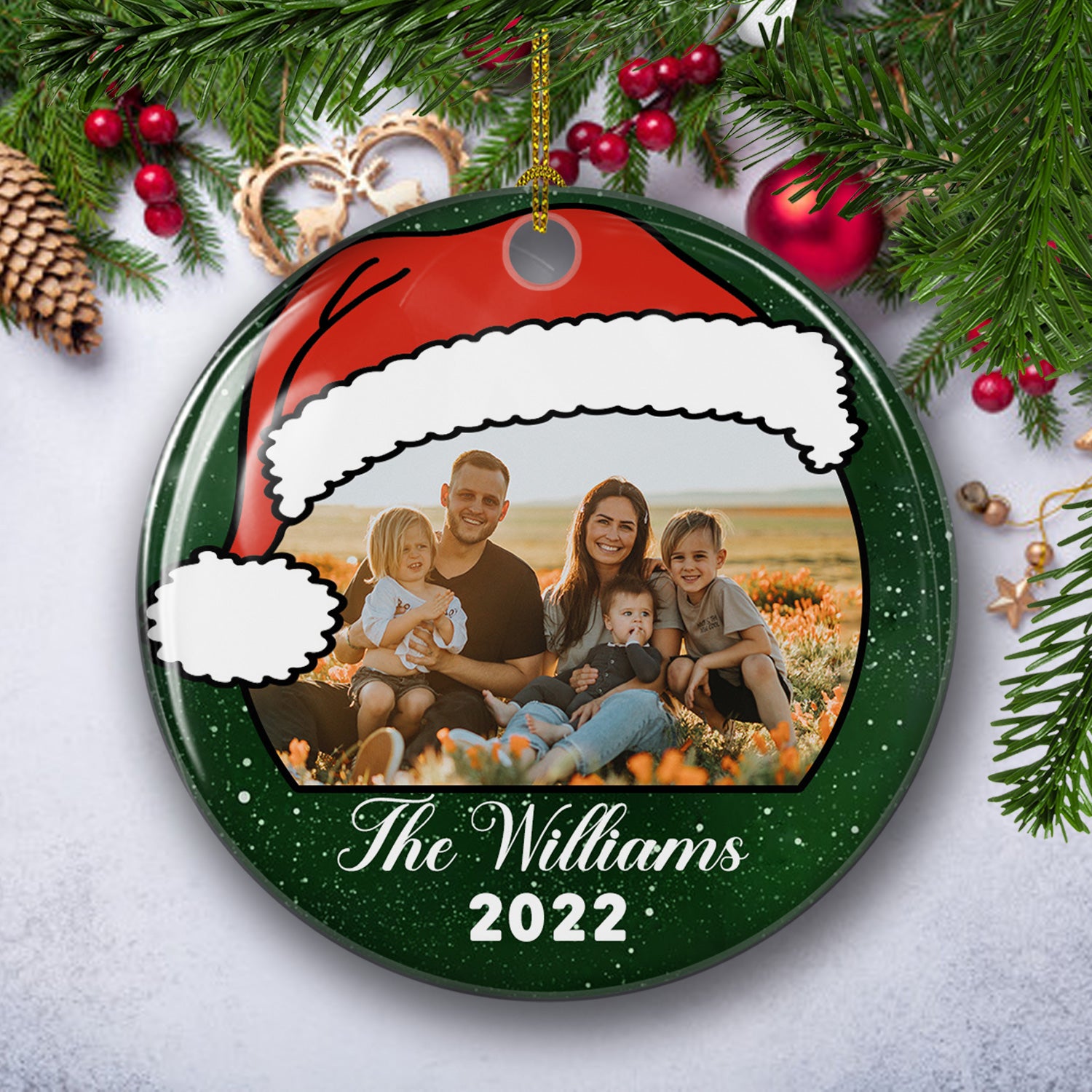 Family Christmas Hat - Exquisitely Personalized Custom Photo Circle Ceramic Ornament for Festive Holidays