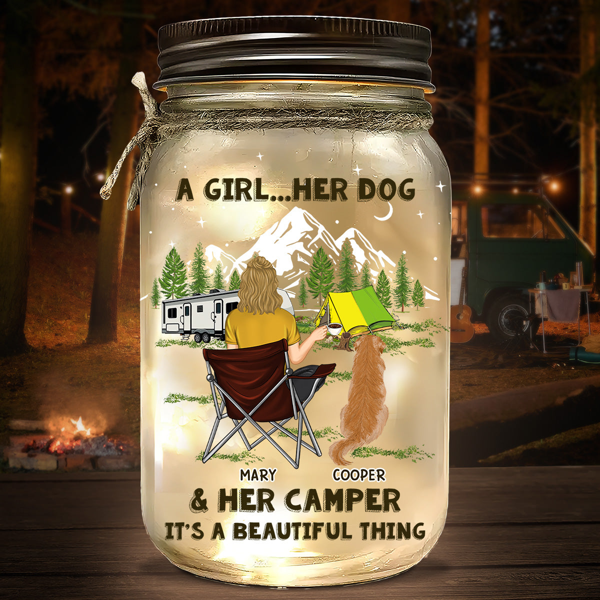 Personalized Custom Dogs And Camper Mason Jar Light - 16oz