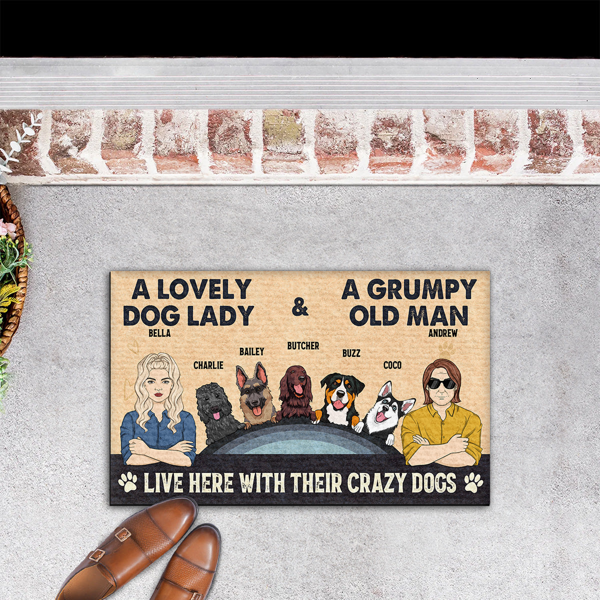 Lovely Dog Lady And Grumpy Old Man - Personalized Custom Doormat with Your Pet's Picture