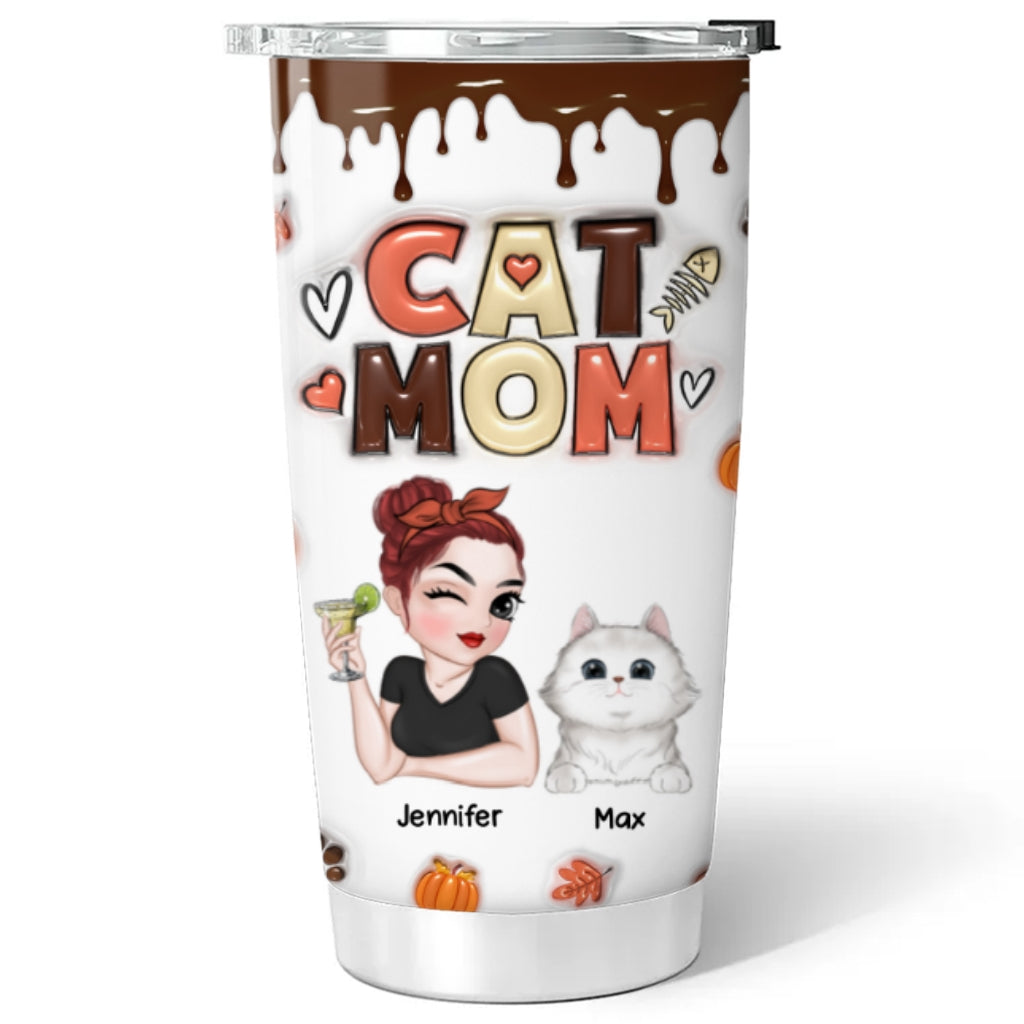 Fall Season Personalized Custom 3D Inflated Effect Mom Of Cats Tumbler - 20oz High - Quality Stainless Steel