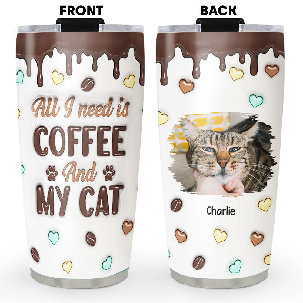 Unique Personalized Custom 3D Inflated Coffee And Cat Photo Tumbler - 20oz High - Quality Stainless Steel