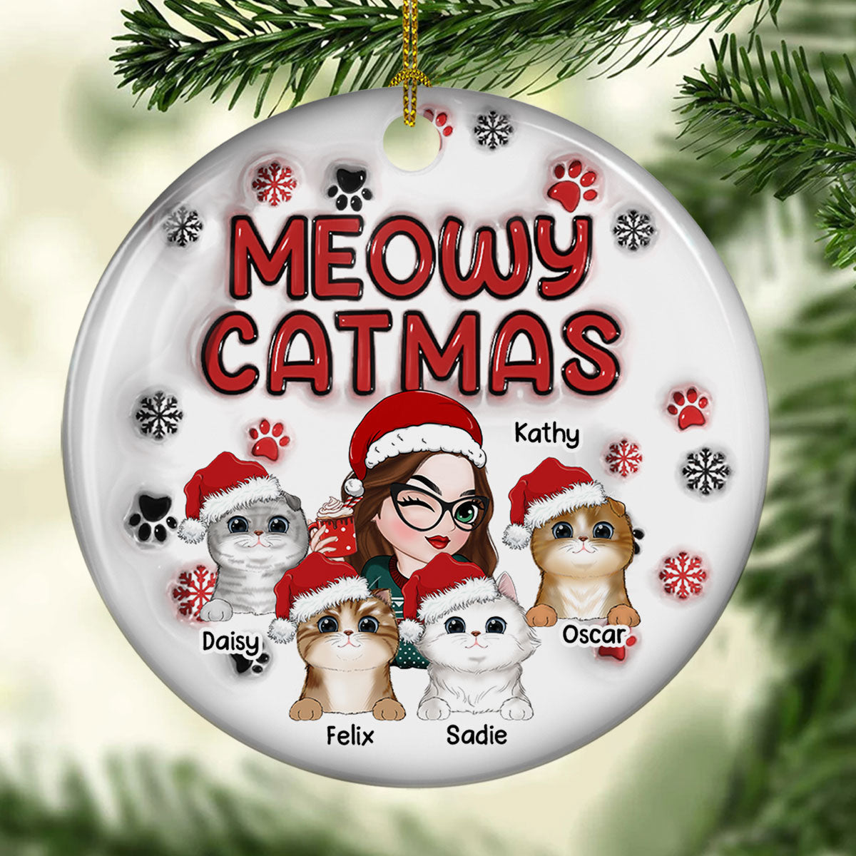 Meowy Catmas Cat Mom - Personalized Custom 3D Inflated Effect Premium White Ceramic Christmas Ornament, 3' Diameter