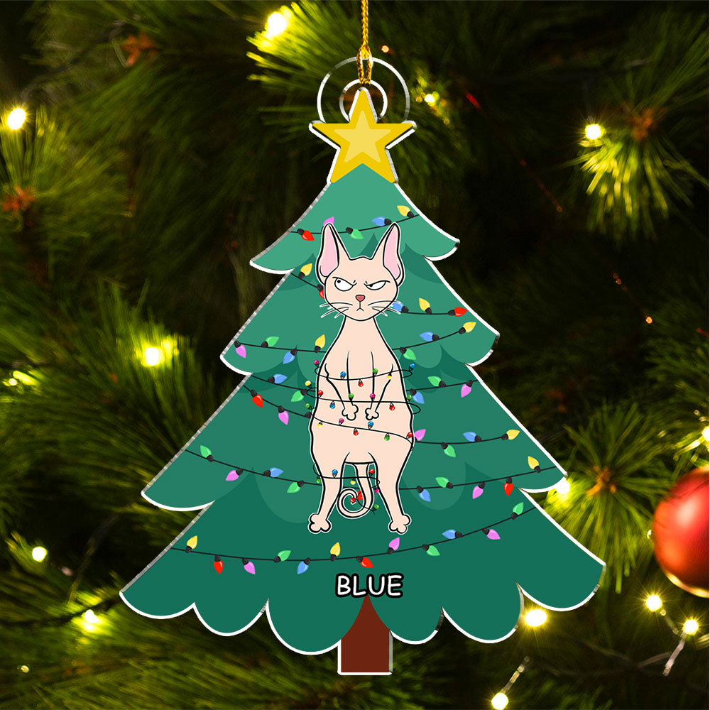 Unique Personalized Custom Acrylic Ornament - Cat Stuck In Tree for Christmas