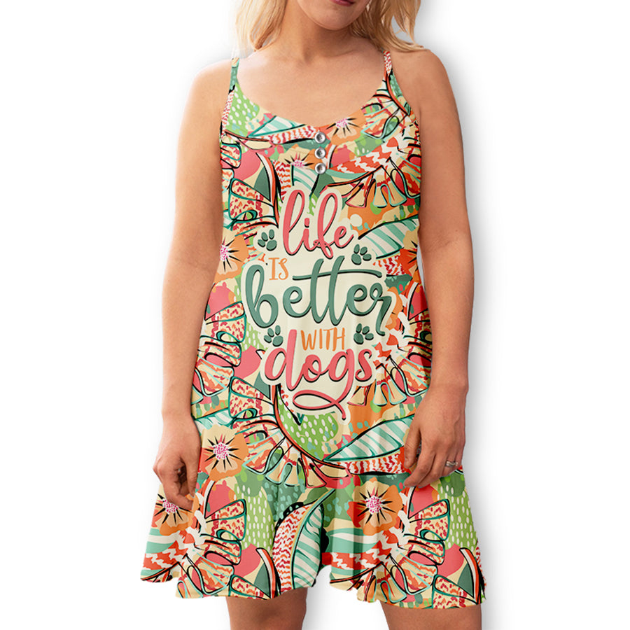Life Is Better With Dogs Pattern Pink - Chic Adjustable Strap Dress for Dog Lovers