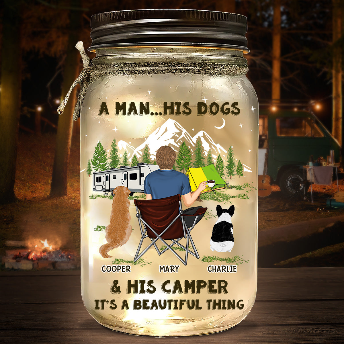 Personalized Custom Dogs And Camper Mason Jar Light - 16oz