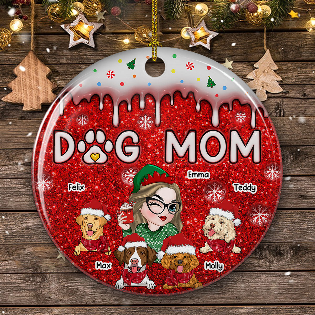 Customizable 3D Inflated Effect Premium White Ceramic Christmas Ornament for Dog Moms