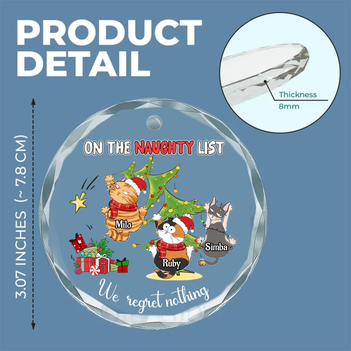 Naughty Cats Love Christmas - Personalized Custom 8mm Thick 3.07-inch Tall Clear Glass Ornament