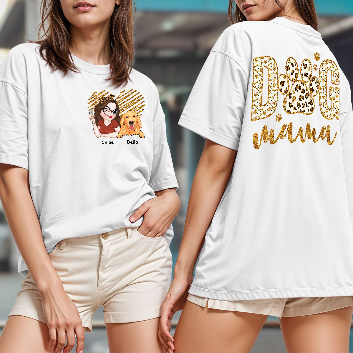 Dog Mama - Customizable Personalized Back and Front Printed Unisex 5.3 oz T-Shirt