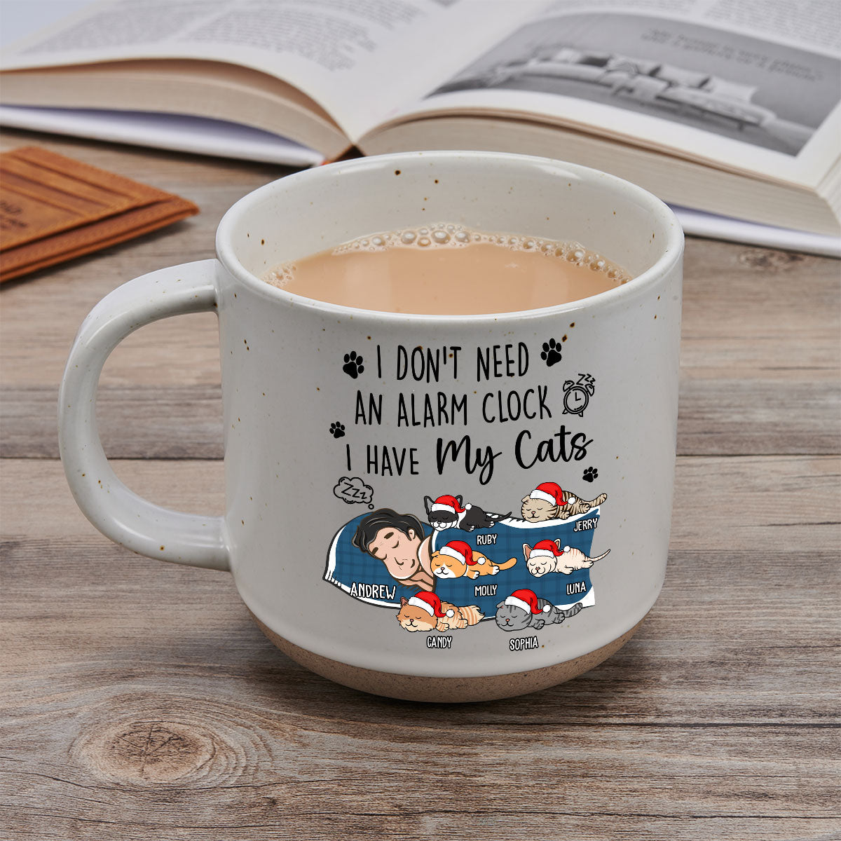 Personalized Custom Ceramic 11oz My Cat Alarm Clock Pottery Mug in Dark Blue or White