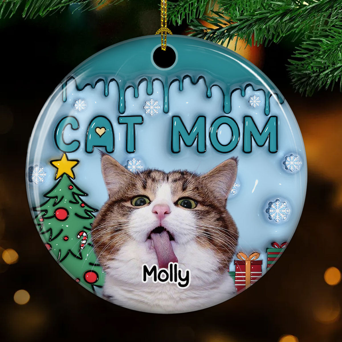 Upload Your Adorable Cat Mom Photo - Personalized Custom 3D Inflated Effect Premium White Ceramic Christmas Ornament