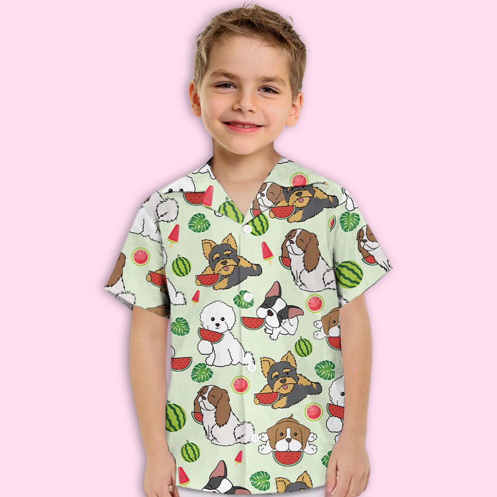 Adorable Dog Eats Watermelon Green Kids' Button - up Shirt